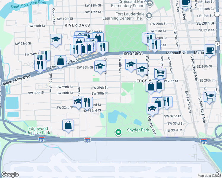 map of restaurants, bars, coffee shops, grocery stores, and more near 2900 Southwest 9th Avenue in Fort Lauderdale