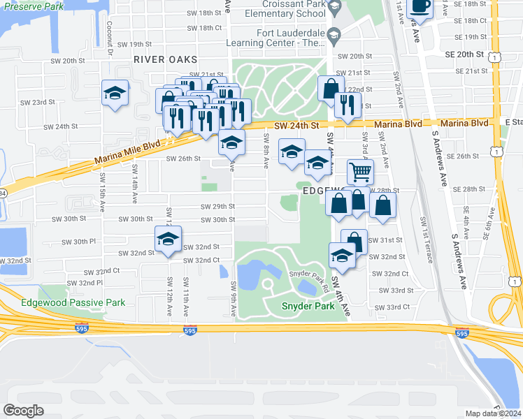 map of restaurants, bars, coffee shops, grocery stores, and more near 800 Southwest 29th Street in Fort Lauderdale
