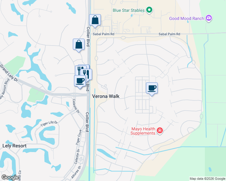 map of restaurants, bars, coffee shops, grocery stores, and more near 7107 Marconi Court in Naples