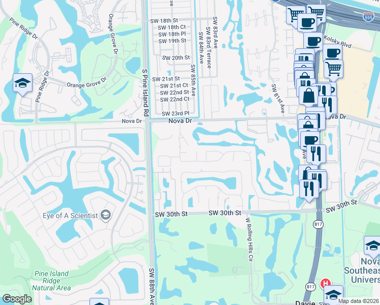 map of restaurants, bars, coffee shops, grocery stores, and more near 8500 Southwest 26th Street in Davie