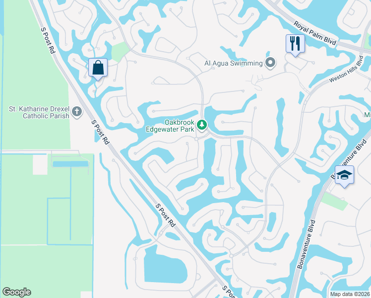 map of restaurants, bars, coffee shops, grocery stores, and more near 2608 Oakbrook Court in Weston
