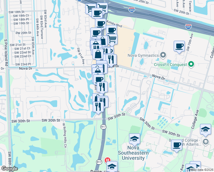 map of restaurants, bars, coffee shops, grocery stores, and more near 2640 South University Drive in Davie