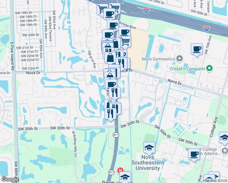 map of restaurants, bars, coffee shops, grocery stores, and more near 2655 South University Drive in Davie