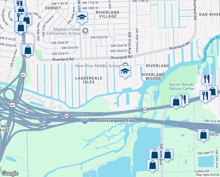 map of restaurants, bars, coffee shops, grocery stores, and more near 2517 Southwest 32nd Terrace in Fort Lauderdale