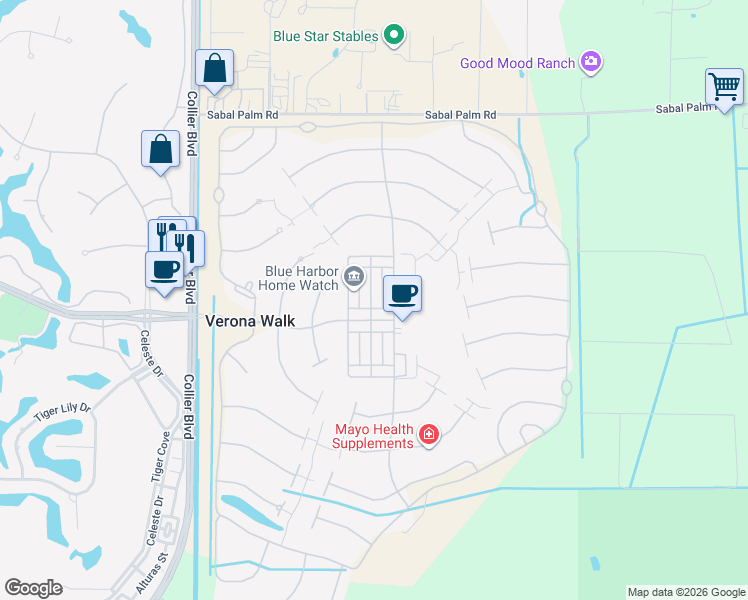 map of restaurants, bars, coffee shops, grocery stores, and more near 8126 Chianti Lane in Naples
