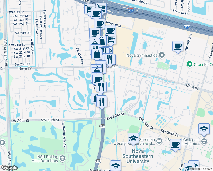 map of restaurants, bars, coffee shops, grocery stores, and more near 2660 South University Drive in Davie