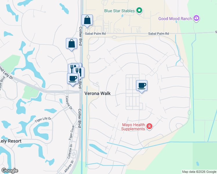 map of restaurants, bars, coffee shops, grocery stores, and more near 7107 Marconi Court in Naples