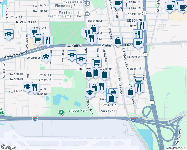 map of restaurants, bars, coffee shops, grocery stores, and more near 2801 Southwest 3rd Avenue in Fort Lauderdale