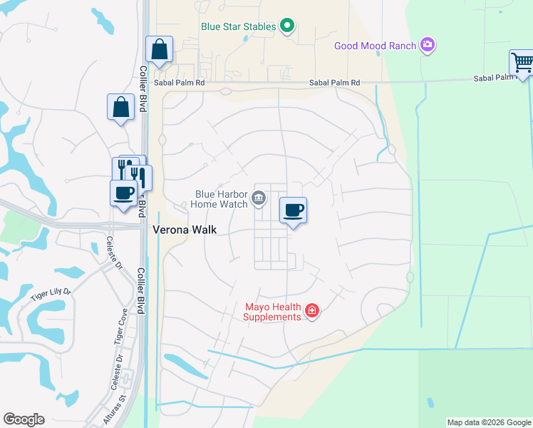 map of restaurants, bars, coffee shops, grocery stores, and more near 8126 Chianti Lane in Naples