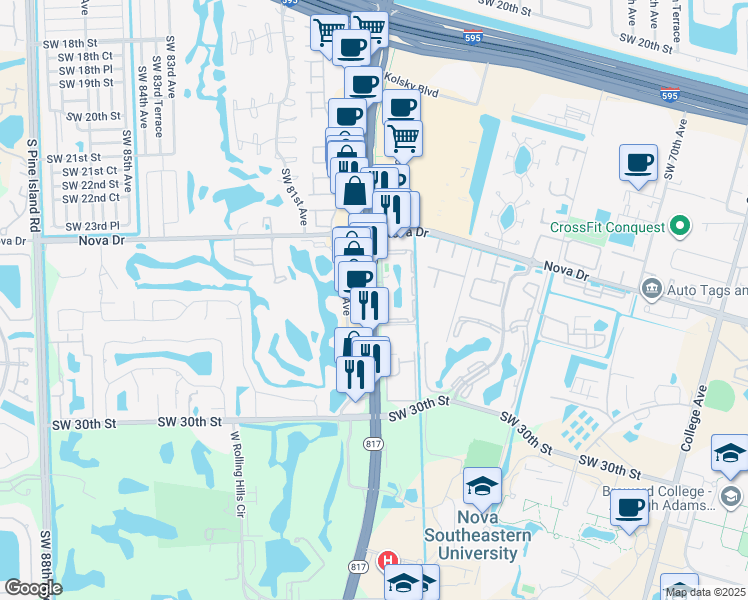 map of restaurants, bars, coffee shops, grocery stores, and more near 2655 South University Drive in Davie