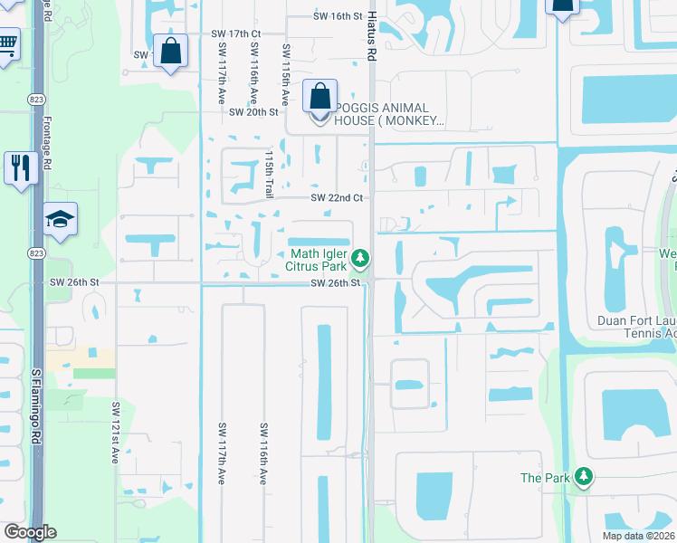 map of restaurants, bars, coffee shops, grocery stores, and more near 11262 Southwest 25th Court in Davie