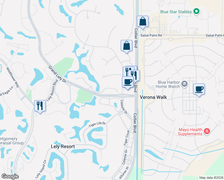 map of restaurants, bars, coffee shops, grocery stores, and more near 8085 Players Cove Drive in Naples
