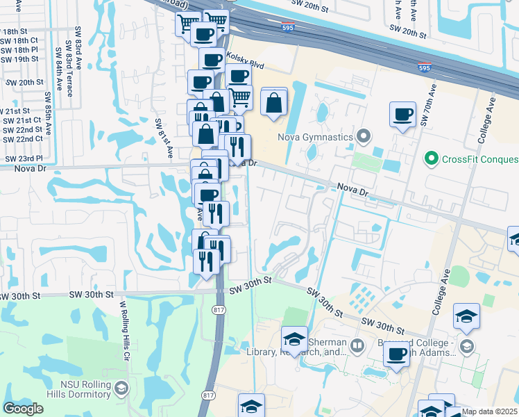 map of restaurants, bars, coffee shops, grocery stores, and more near 7546 Southwest 28th Street in Davie