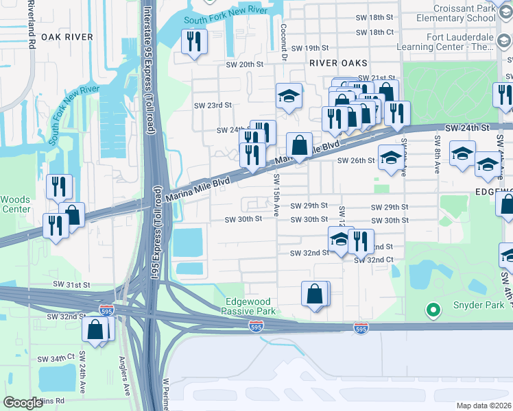 map of restaurants, bars, coffee shops, grocery stores, and more near 1496 Southwest 29th Street in Fort Lauderdale