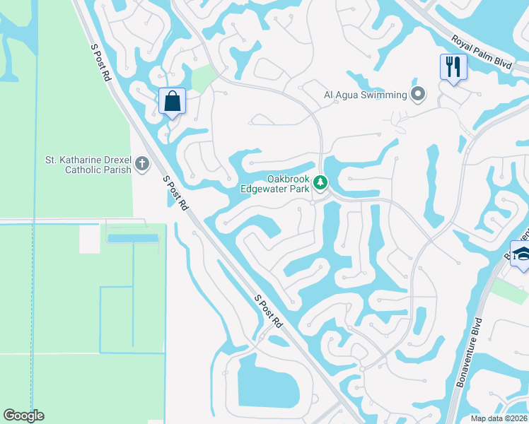 map of restaurants, bars, coffee shops, grocery stores, and more near 2701 Edgewater Court in Weston