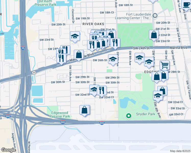 map of restaurants, bars, coffee shops, grocery stores, and more near 1200 Southwest 29th Street in Fort Lauderdale