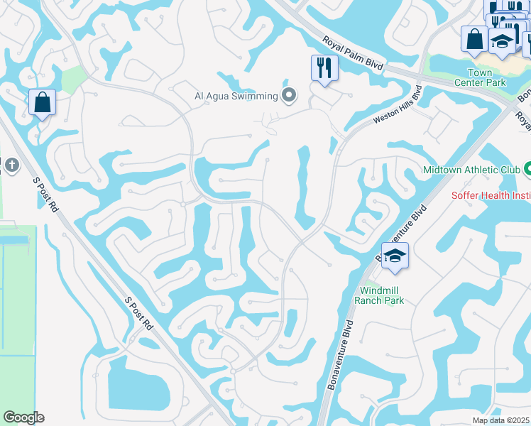 map of restaurants, bars, coffee shops, grocery stores, and more near 2674 Cypress Lane in Weston
