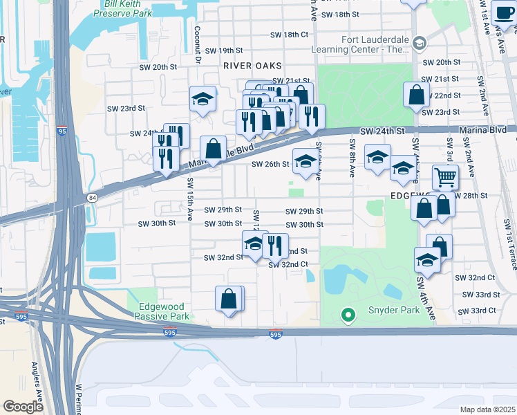 map of restaurants, bars, coffee shops, grocery stores, and more near 1200 Southwest 29th Street in Fort Lauderdale