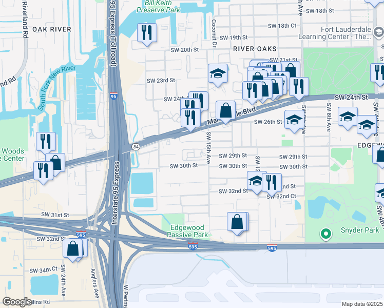 map of restaurants, bars, coffee shops, grocery stores, and more near 1496 Southwest 29th Street in Fort Lauderdale