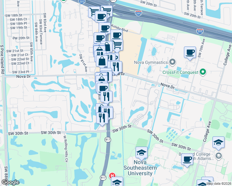 map of restaurants, bars, coffee shops, grocery stores, and more near 2660 South University Drive in Davie