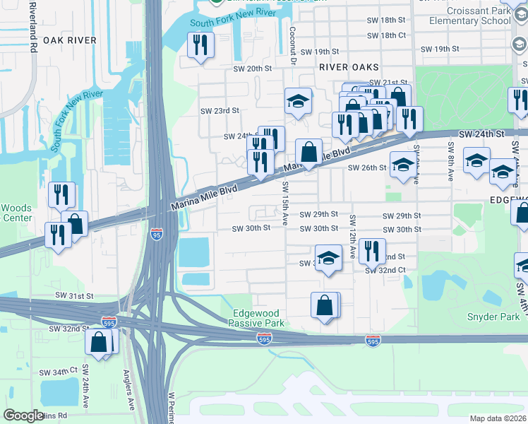 map of restaurants, bars, coffee shops, grocery stores, and more near 1496 Southwest 29th Street in Fort Lauderdale