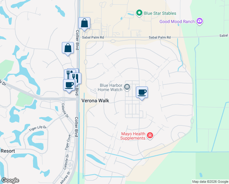 map of restaurants, bars, coffee shops, grocery stores, and more near 7017 Leopardi Court in Naples