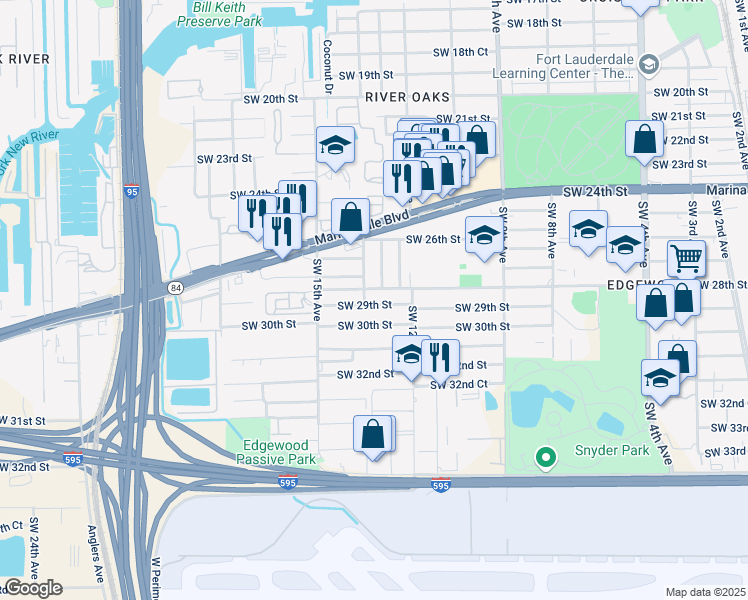 map of restaurants, bars, coffee shops, grocery stores, and more near 1270 Southwest 29th Street in Fort Lauderdale