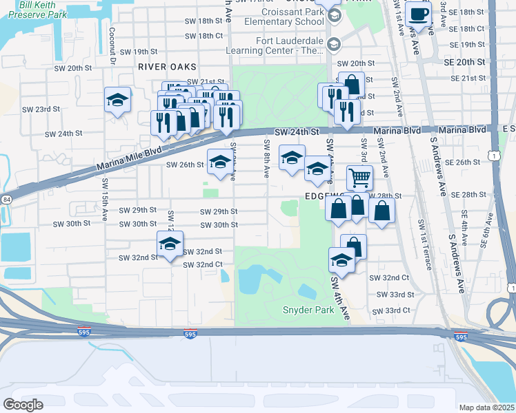 map of restaurants, bars, coffee shops, grocery stores, and more near 800 Southwest 29th Street in Fort Lauderdale