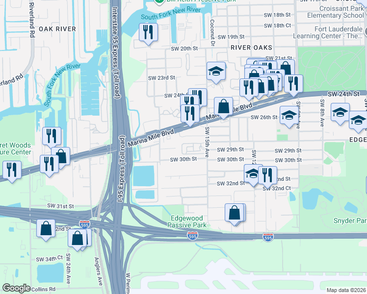 map of restaurants, bars, coffee shops, grocery stores, and more near 2833 Southwest 17th Avenue in Fort Lauderdale