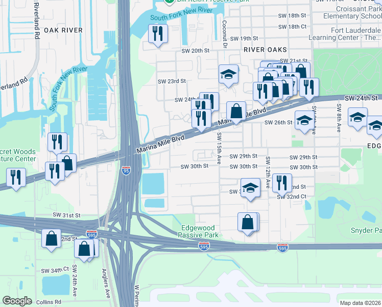map of restaurants, bars, coffee shops, grocery stores, and more near 2833 Southwest 17th Avenue in Fort Lauderdale