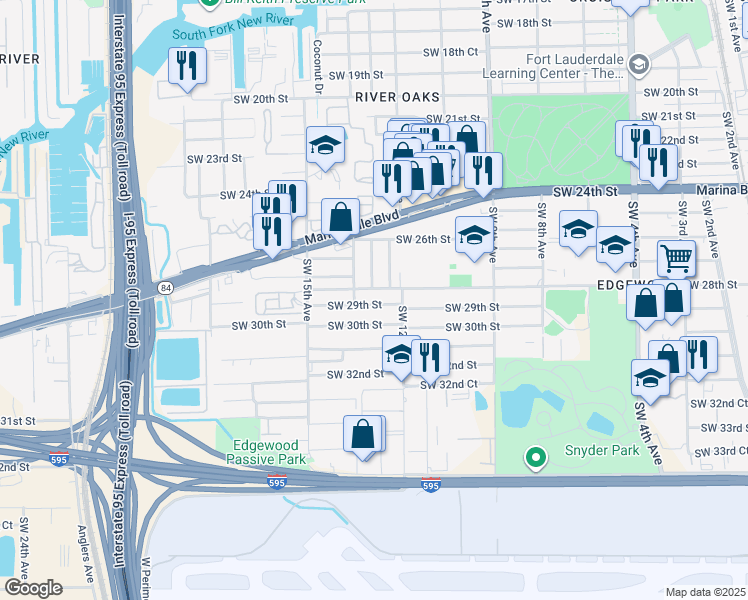 map of restaurants, bars, coffee shops, grocery stores, and more near 1270 Southwest 29th Street in Fort Lauderdale