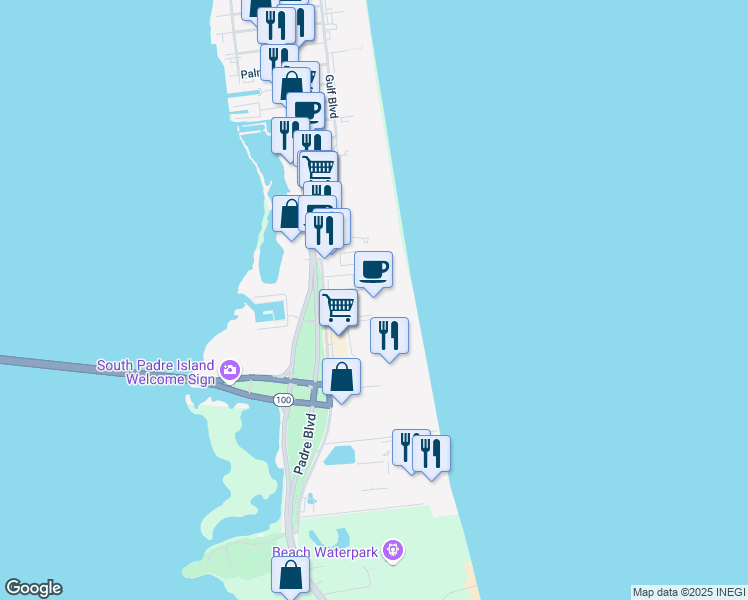 map of restaurants, bars, coffee shops, grocery stores, and more near 500 Padre Boulevard in South Padre Island