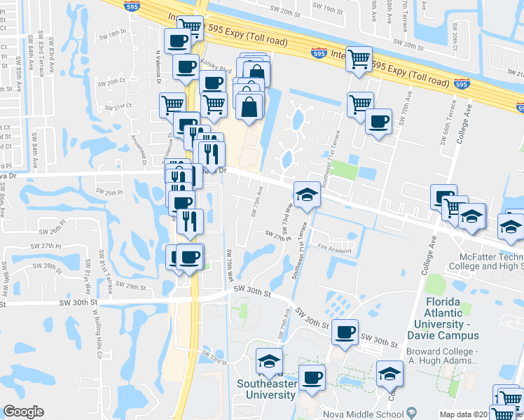 map of restaurants, bars, coffee shops, grocery stores, and more near 2659 Southwest 74th Terrace in Davie