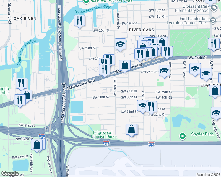 map of restaurants, bars, coffee shops, grocery stores, and more near 1496 Southwest 29th Street in Fort Lauderdale