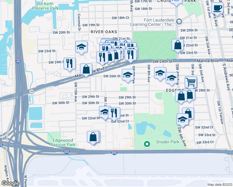 map of restaurants, bars, coffee shops, grocery stores, and more near 1050 Southwest 29th Street in Fort Lauderdale