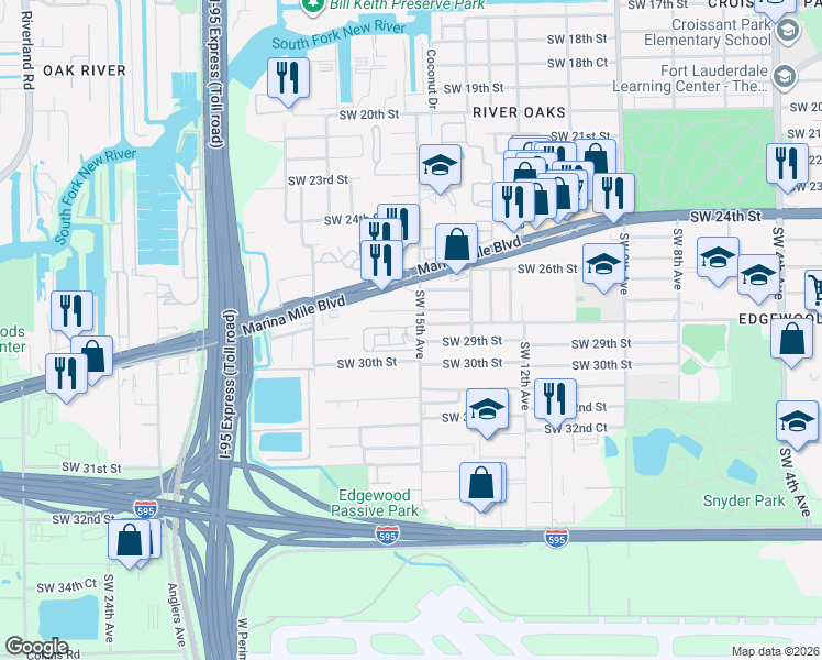 map of restaurants, bars, coffee shops, grocery stores, and more near 1496 Southwest 29th Street in Fort Lauderdale