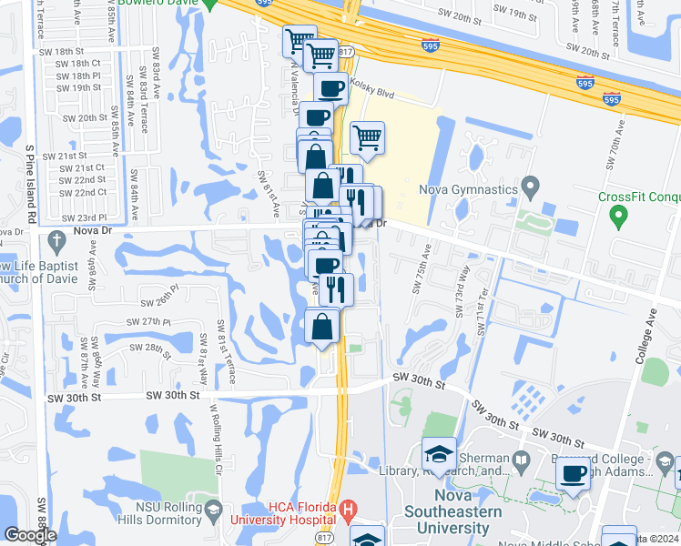 map of restaurants, bars, coffee shops, grocery stores, and more near 2655 South University Drive in Davie