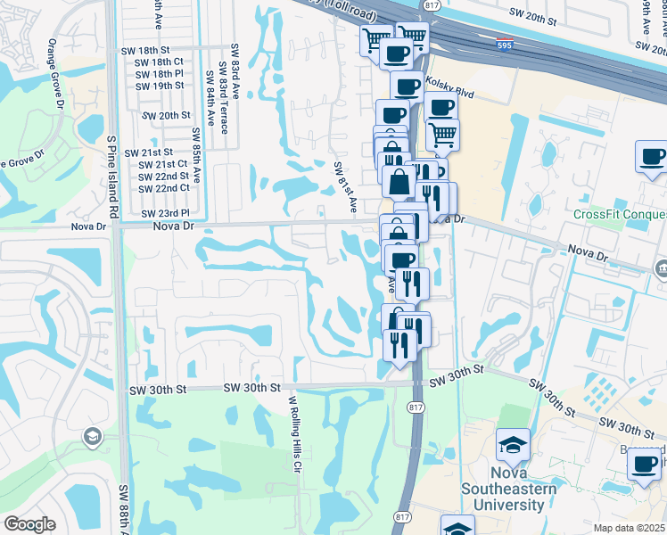 map of restaurants, bars, coffee shops, grocery stores, and more near 2500 Southwest 81st Avenue in Davie