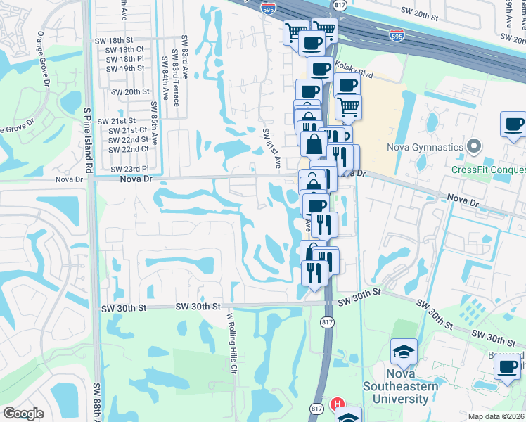 map of restaurants, bars, coffee shops, grocery stores, and more near 2500 Southwest 81st Avenue in Davie