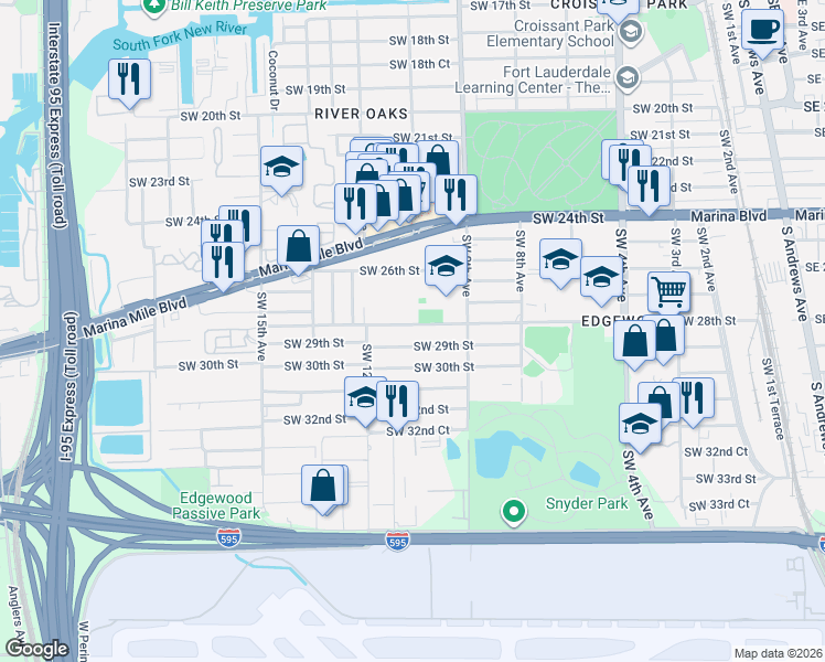 map of restaurants, bars, coffee shops, grocery stores, and more near 1050 Southwest 29th Street in Fort Lauderdale