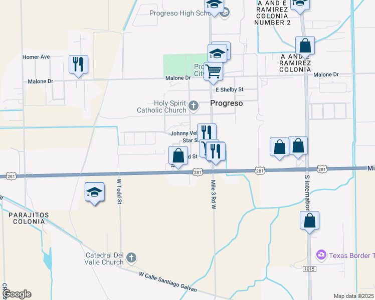 map of restaurants, bars, coffee shops, grocery stores, and more near 303 Todd Street in Progreso