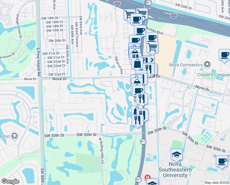map of restaurants, bars, coffee shops, grocery stores, and more near 2500 Southwest 81st Avenue in Davie