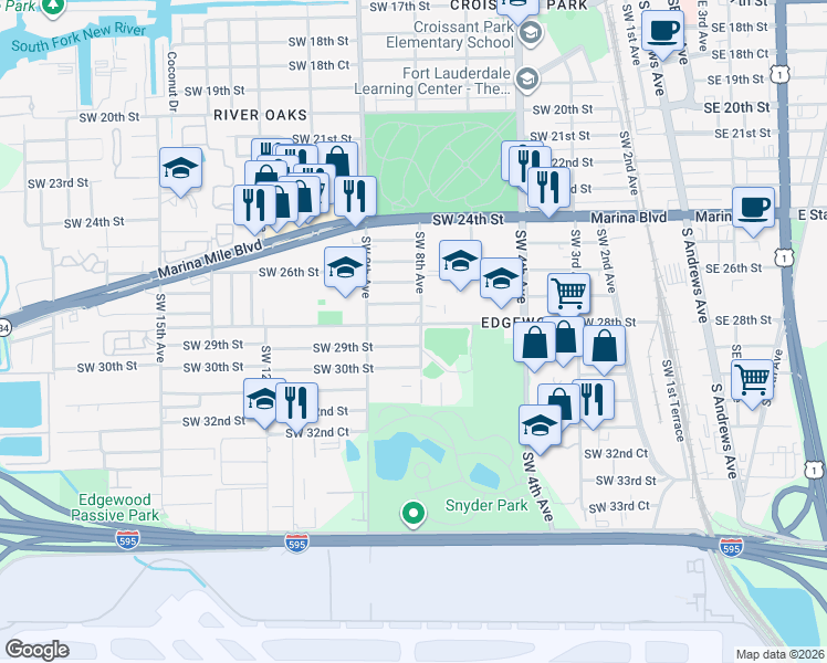 map of restaurants, bars, coffee shops, grocery stores, and more near 800 Southwest 29th Street in Fort Lauderdale