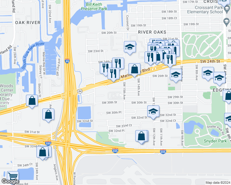 map of restaurants, bars, coffee shops, grocery stores, and more near 1505 Southwest 28th Street in Fort Lauderdale