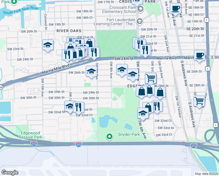 map of restaurants, bars, coffee shops, grocery stores, and more near 800 Southwest 29th Street in Fort Lauderdale