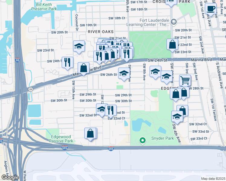 map of restaurants, bars, coffee shops, grocery stores, and more near 1050 Southwest 29th Street in Fort Lauderdale