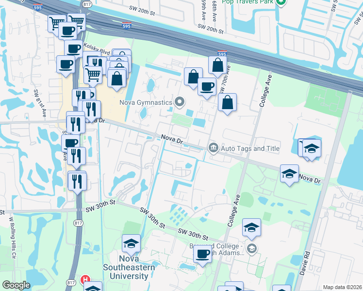 map of restaurants, bars, coffee shops, grocery stores, and more near 7080 Nova Drive in Davie