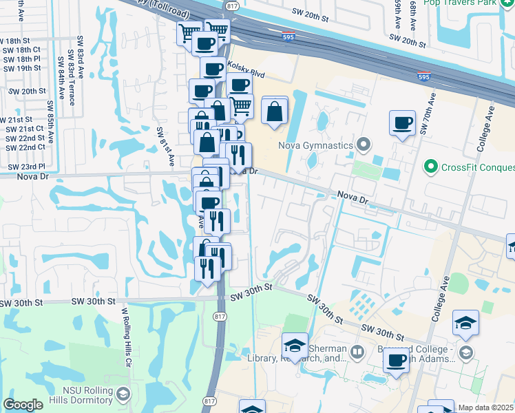 map of restaurants, bars, coffee shops, grocery stores, and more near 7546 Southwest 28th Street in Davie