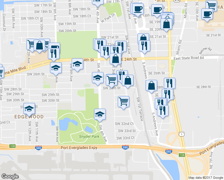 map of restaurants, bars, coffee shops, grocery stores, and more near 2801 Southwest 3rd Avenue in Fort Lauderdale