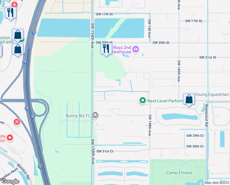 map of restaurants, bars, coffee shops, grocery stores, and more near 15150 Southwest 24th Place in Davie
